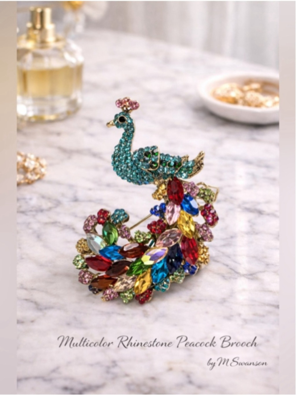 NEW Multicolor Rhinestone Peacock Brooch Bag Charm Statement Pin NWT